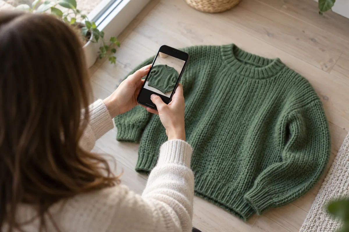 A seller photographing a green knit jumper laid flat on a wooden floor by a window
