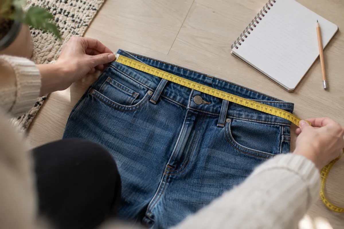 Hands measuring the waist of a pair of jeans with a tape measure, next to a notebook