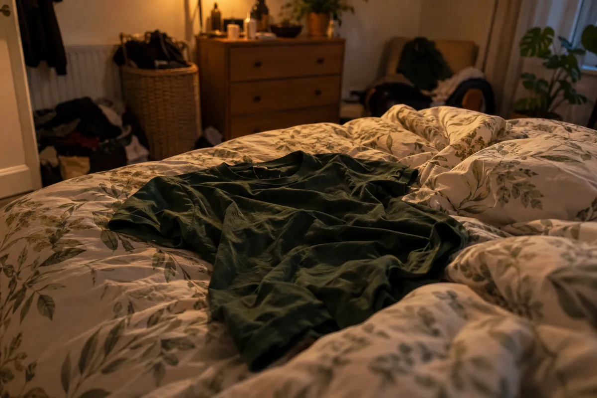 A crumpled green t-shirt on an unmade bed, shot at night under a yellow lamp