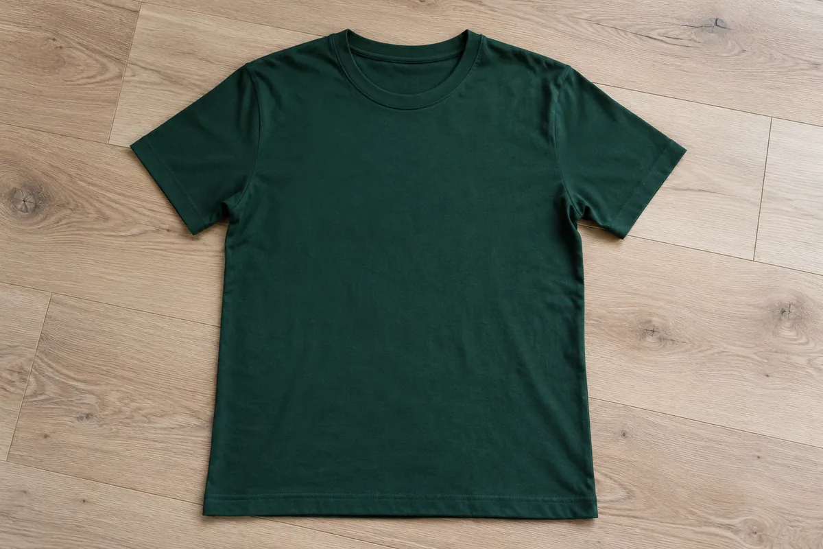 The same green t-shirt laid flat on a wooden floor in soft daylight