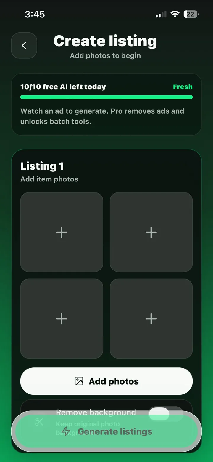 Create listing screen with photo slots and a Generate listings button