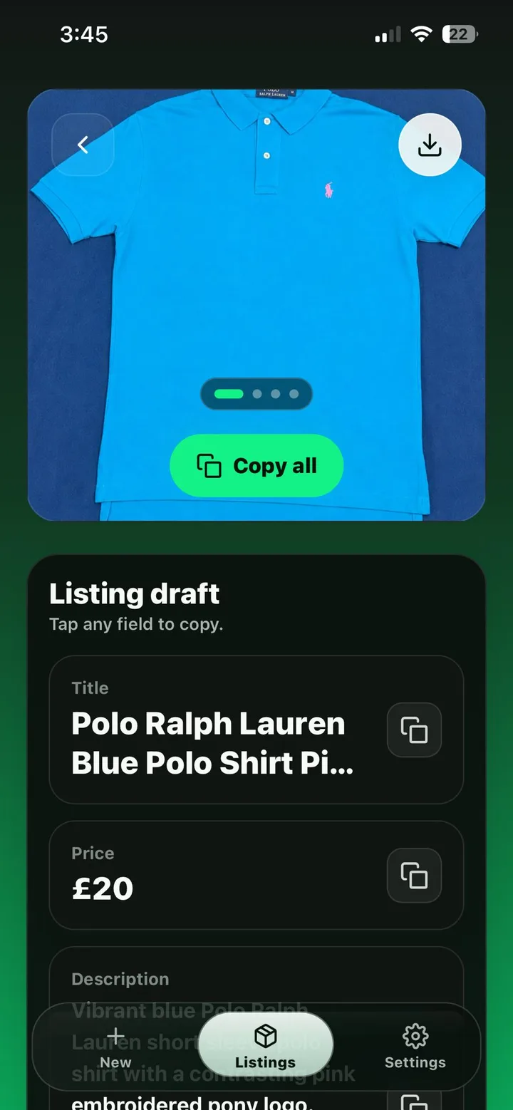 A finished listing draft for a blue Polo Ralph Lauren shirt priced at £20
