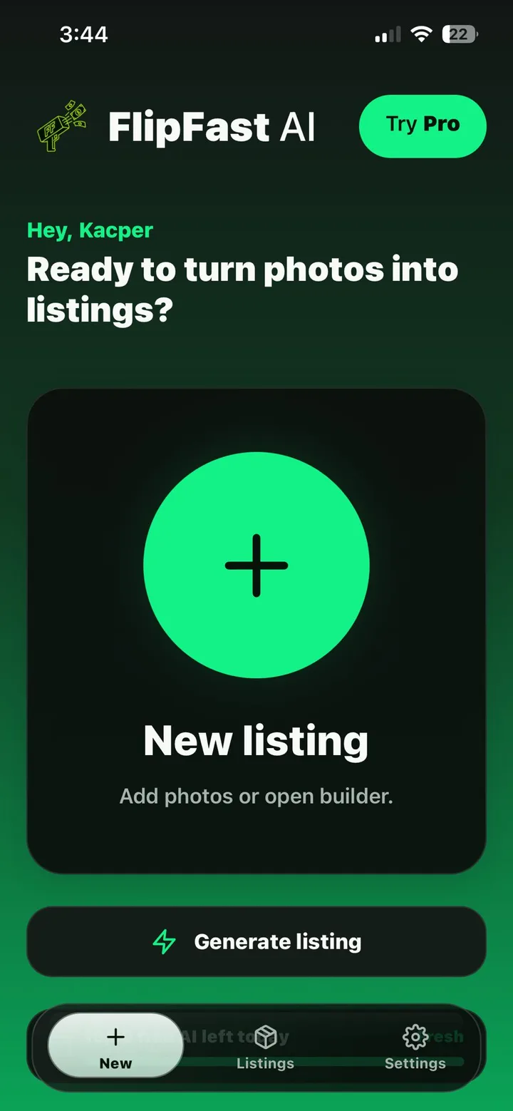 FlipFast home screen with a large New listing button